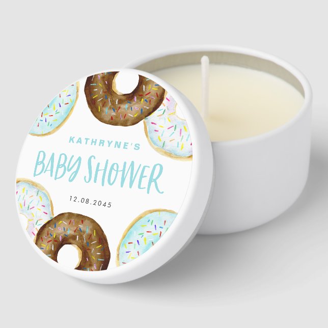 Blue and Chocolate Sprinkle Donuts Baby Shower Mini Candle Favors (Corner)