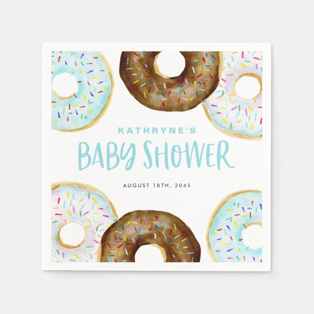 Blue and Chocolate Sprinkle Donuts Baby Shower Napkins (Front)