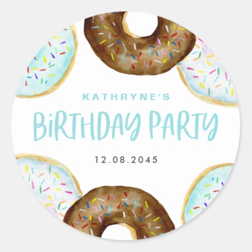 Blue and Chocolate Sprinkle Donuts Birthday Party Classic Round Sticker