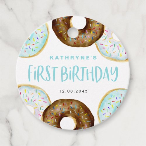 Blue and Chocolate Sprinkle Donuts First Birthday Favor Tags
