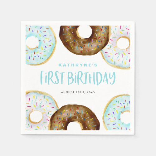 Blue and Chocolate Sprinkle Donuts First Birthday Napkins