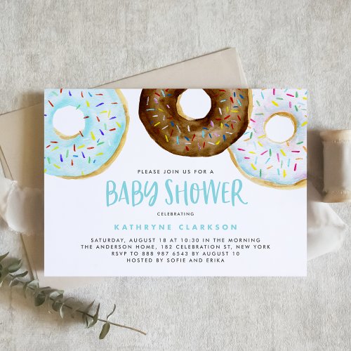 Blue and Chocolate Watercolor Donuts Baby Shower Invitation