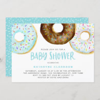 Blue and Chocolate Watercolor Donuts Baby Shower Invitation