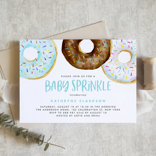 Blue and Chocolate Watercolor Donuts Baby Sprinkle Invitation (Creator Uploaded)