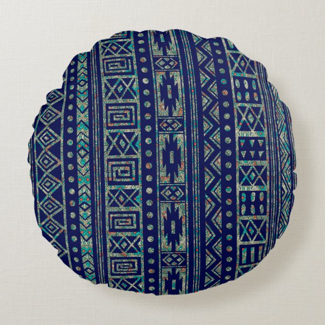 Blue And Colorful Tribal Geometric Pattern Round Pillow (Front)