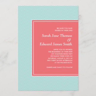 Blue and Coral Chevron Wedding Invitation