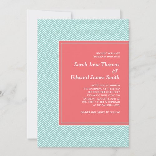Blue and Coral Chevron Wedding Invitation