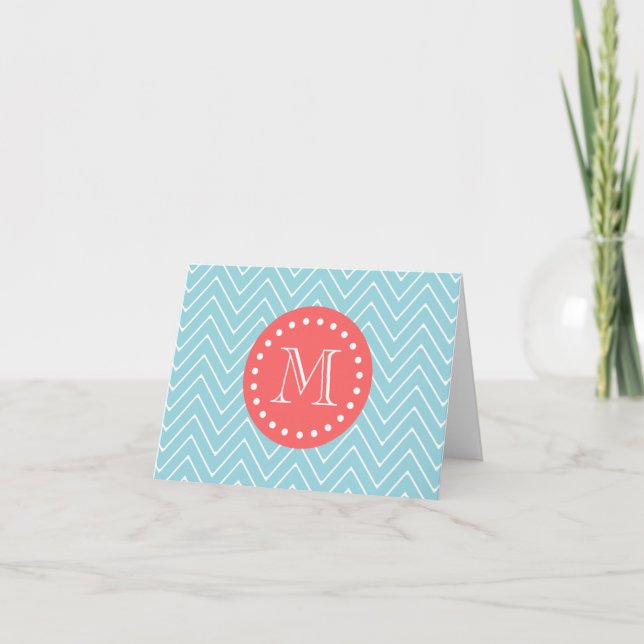 Blue and Coral Chevron with Custom Monogram Note Card (Front)