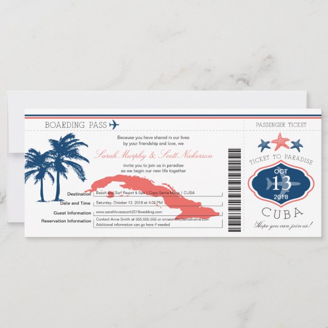 Blue and Coral Cuba Boarding Pass Palm Tree Invitation (Front)