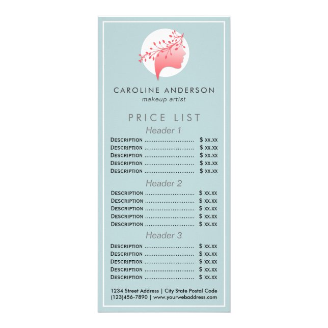 Blue and Coral Feminine Logo Price List Menu (Front)