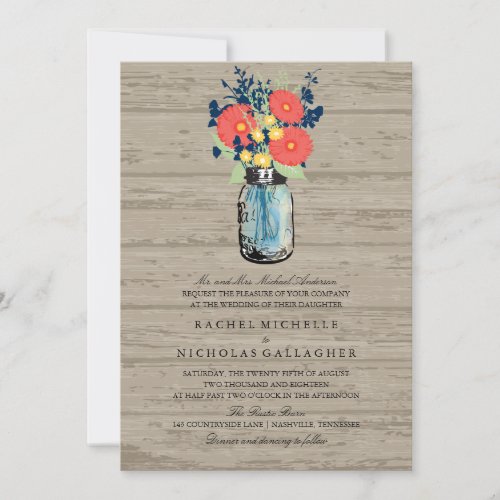 Blue and Coral Garden Mason Jar Wood  Wedding Invitation