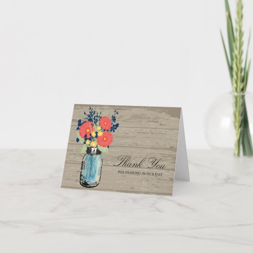 Blue and Coral Garden Mason Jar Wood  Wedding Thank You Card