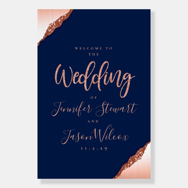 Blue and Coral Glitter Wedding Welcome Sign (Front)