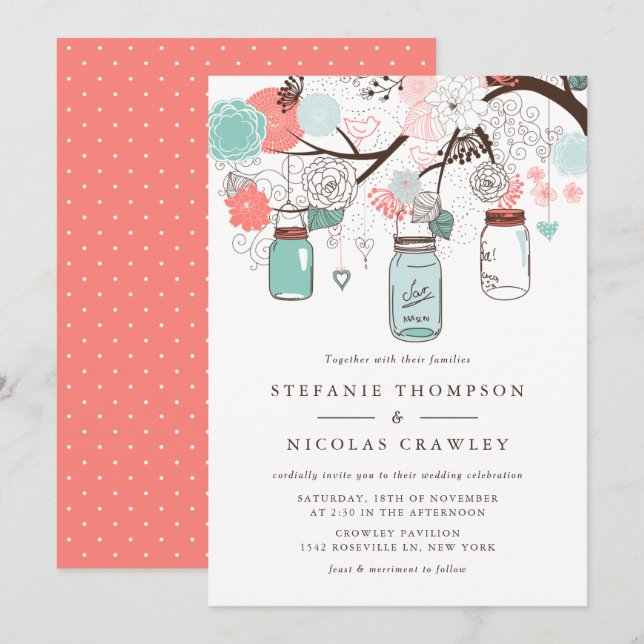 Blue and Coral Hanging Mason Jars Wedding Invitation (Front/Back)