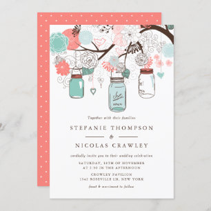 Blue and Coral Hanging Mason Jars Wedding Invitation
