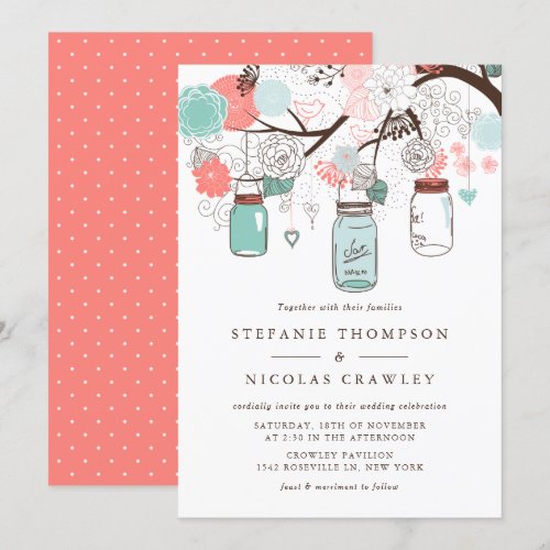 Blue &amp; Coral Mason Jars Floral Wedding Invitation