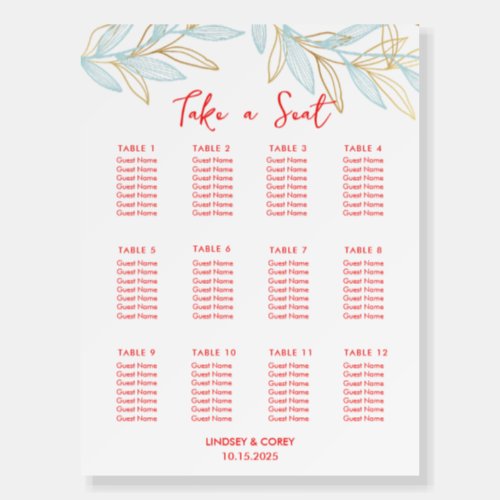 Blue and Coral Leaf Wedding Seating Chart Poster 1