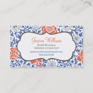 Blue and Coral Retro Floral Damask Business Card
