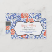 Blue and Coral Retro Floral Damask Business Card (Front/Back)
