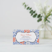 Blue and Coral Retro Floral Damask Business Card (Standing Front)