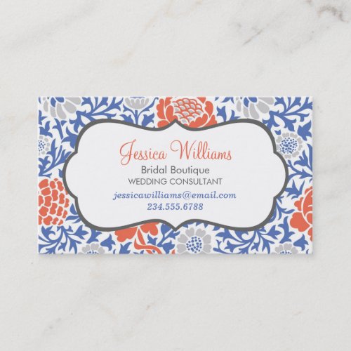 Blue and Coral Retro Floral Damask Business Card