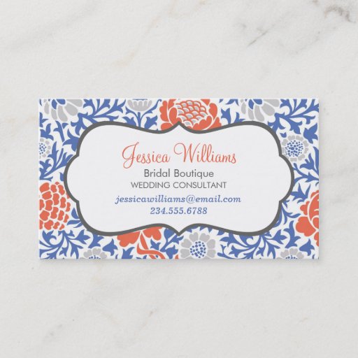 Customizable Blue and Coral Retro Floral Damask Business Card