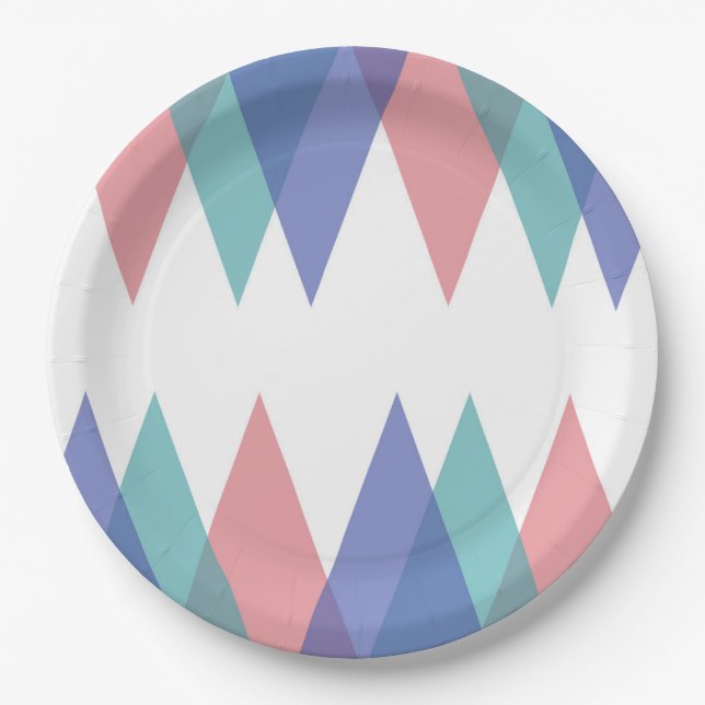 Blue and coral triangles paper plates (Front)