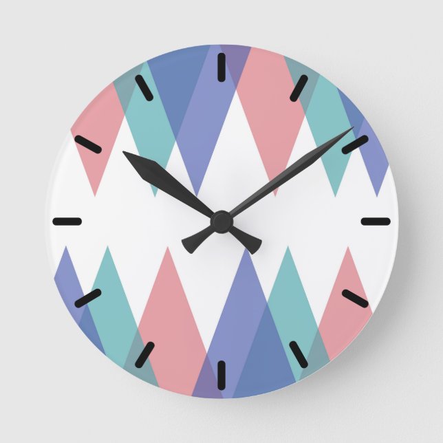 Blue and coral triangles round clock (Front)