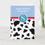 Blue and Cow Print 8th Birthday Card<br><div class="desc">A black and white cow pattern and blue personalized 8th birthday card for boys. This fun blue and cow print 8th birthday card can be personalized with his name on the front of the greeting card. The inside card message can be personalized as well if wanted. The back has a...</div>