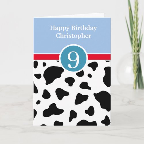 Blue and Cow Print 9th Birthday Card