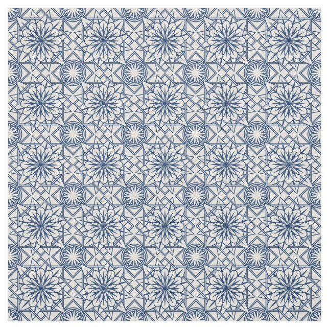 Blue and Cream Art Deco Floral Pattern Fabric (Swatch)