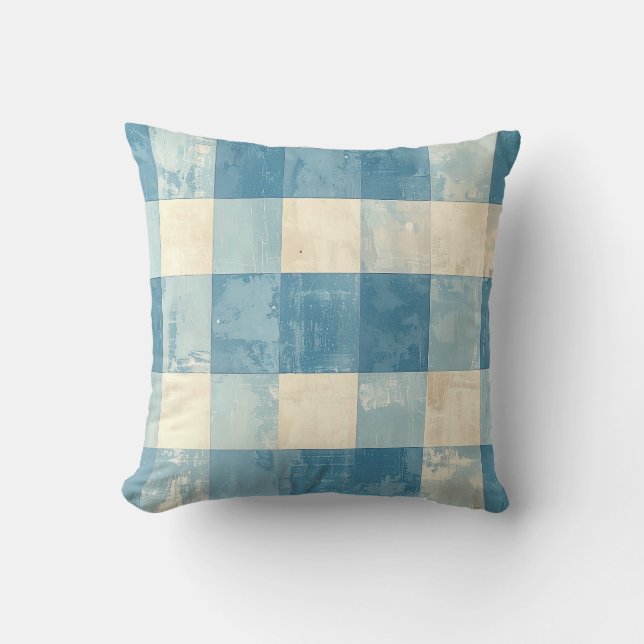 Blue and cream checkered pattern throw pillow (Front)