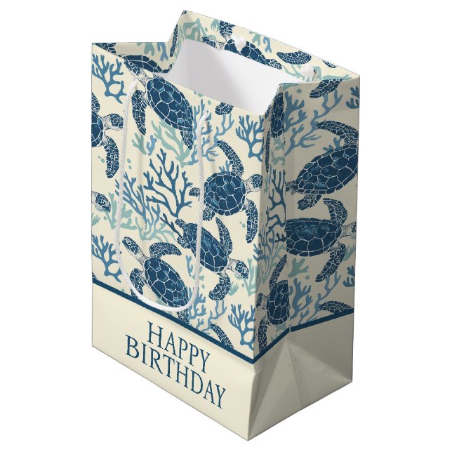 Blue and Cream Coastal Sea Turtles Medium Gift Bag (Front Angled)