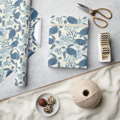 Blue and Cream Coastal Sea Turtles Wrapping Paper