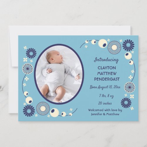 Blue and Cream Floral Baby Boy Birth Annoucement Invitation