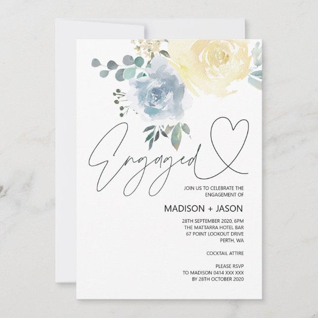 Blue and Cream Floral Engagement Party Celebration Invitation (Front)