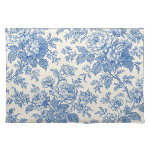 Blue and Cream Floral Toile de Jouy Cloth Placemat