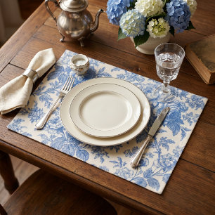 Blue and Cream Floral Toile de Jouy Cloth Placemat