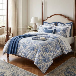 Blue and Cream Floral Toile de Jouy Duvet Cover