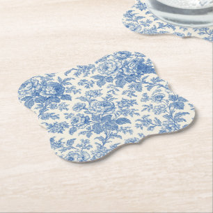 Blue and Cream Floral Toile de Jouy Paper Coaster