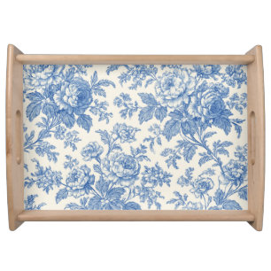 Blue and Cream Floral Toile de Jouy Serving Tray