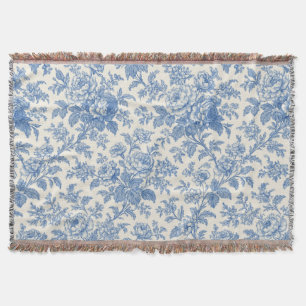 Blue and Cream Floral Toile de Jouy Throw Blanket