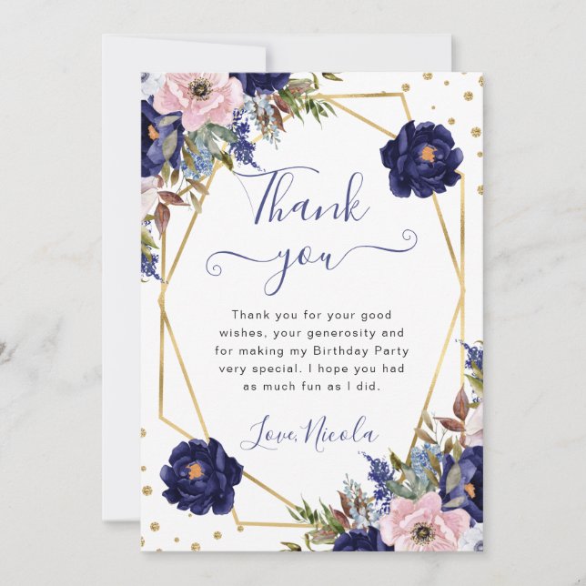 Blue and Cream Flowers Frame Birthday Thank You Card (Front)