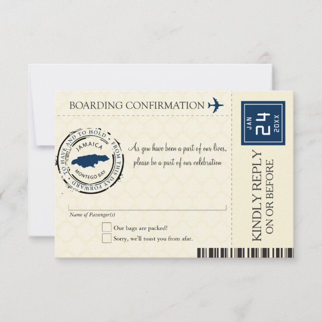 Blue and Cream Jamaica RSVP Boarding Pass Card (Front)