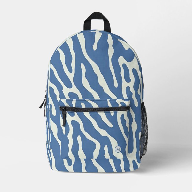 Blue and cream Modern Abstract Wavy Lines Pattern  Printed Backpack (Front)