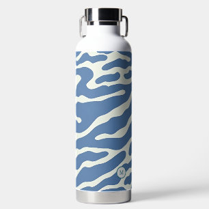 Blue and cream Modern Abstract Wavy Lines Pattern Water Bottle