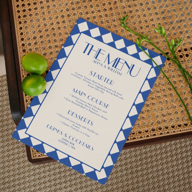 Blue and Cream Retro Checkerboard Wedding Menu  (Creator Uploaded)
