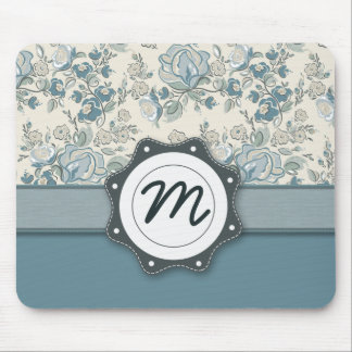 Blue and Cream Roses with Monogram Mouse Pad