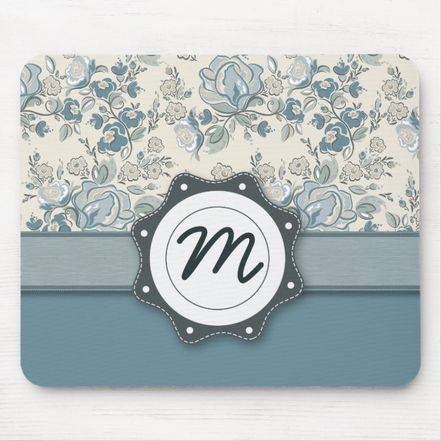 Blue and Cream Roses with Monogram Mouse Pad (Front)