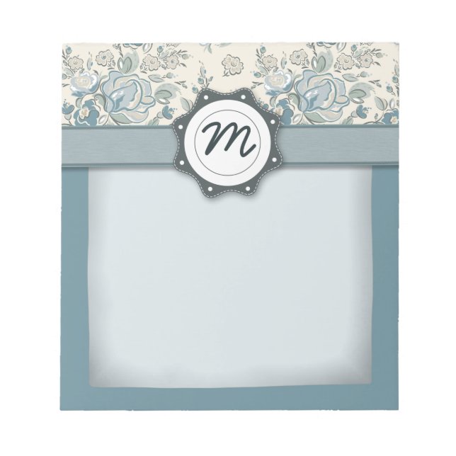 Blue and Cream Roses with Monogram Notepad (Front)